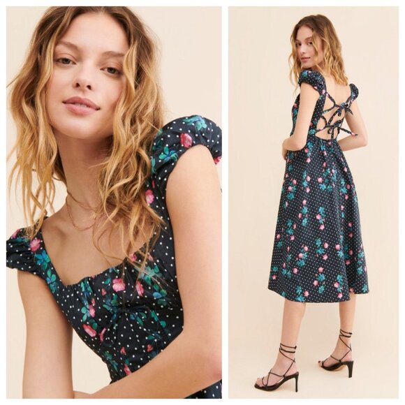 NWOT FOR LOVE & LEMONS Florentina Black & Floral Print Midi Dress, size Small - Picture 5 of 14